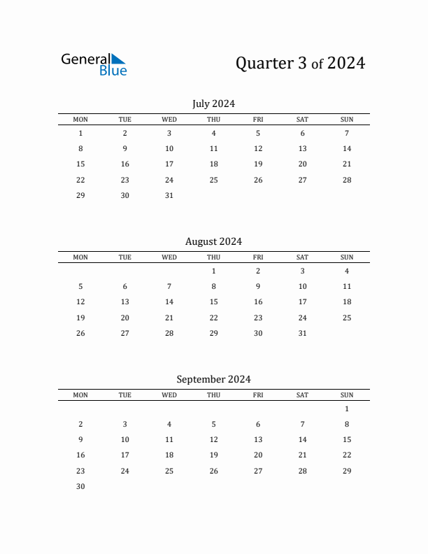 2024 Three-Month Calendar with Monday Start - Quarter 3