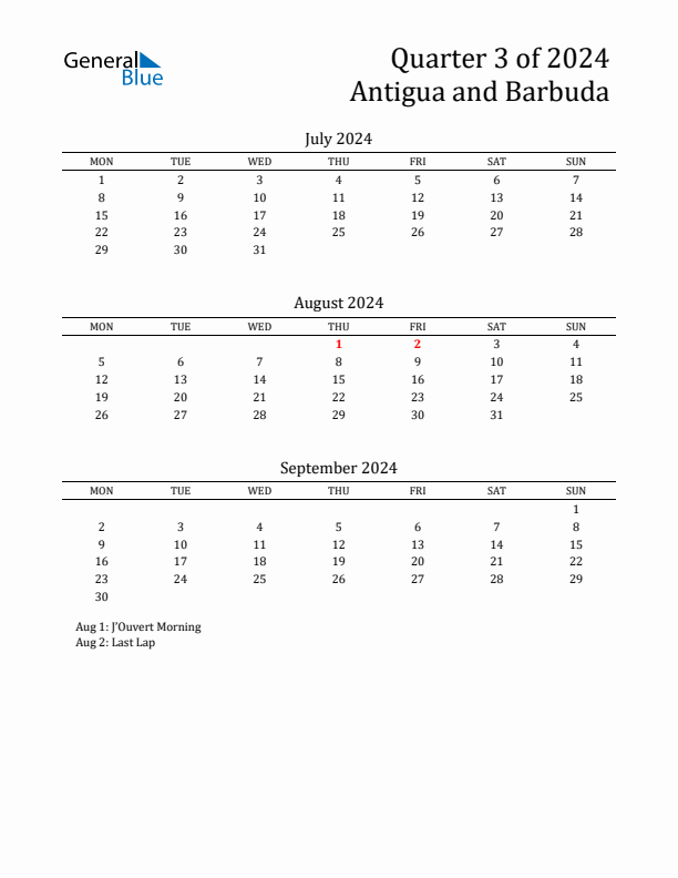 Quarter 3 2024 Antigua and Barbuda Quarterly Calendar