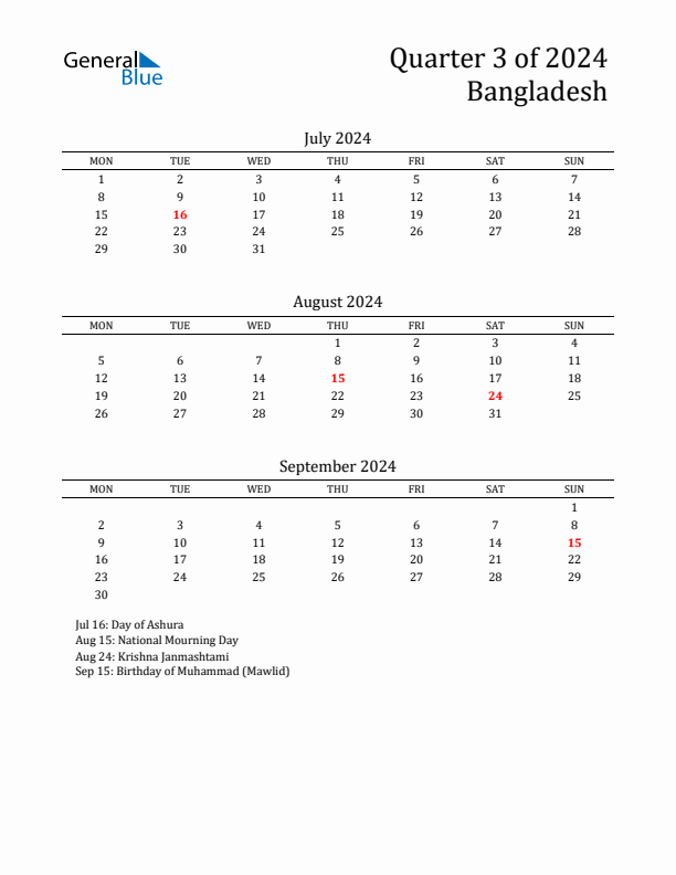 Quarter 3 2024 Bangladesh Quarterly Calendar