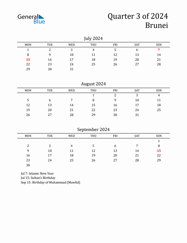 Quarter 3 2024 Brunei Quarterly Calendar