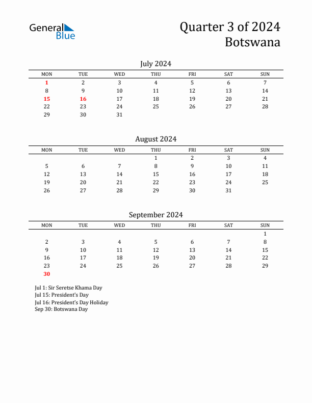 Quarter 3 2024 Botswana Quarterly Calendar