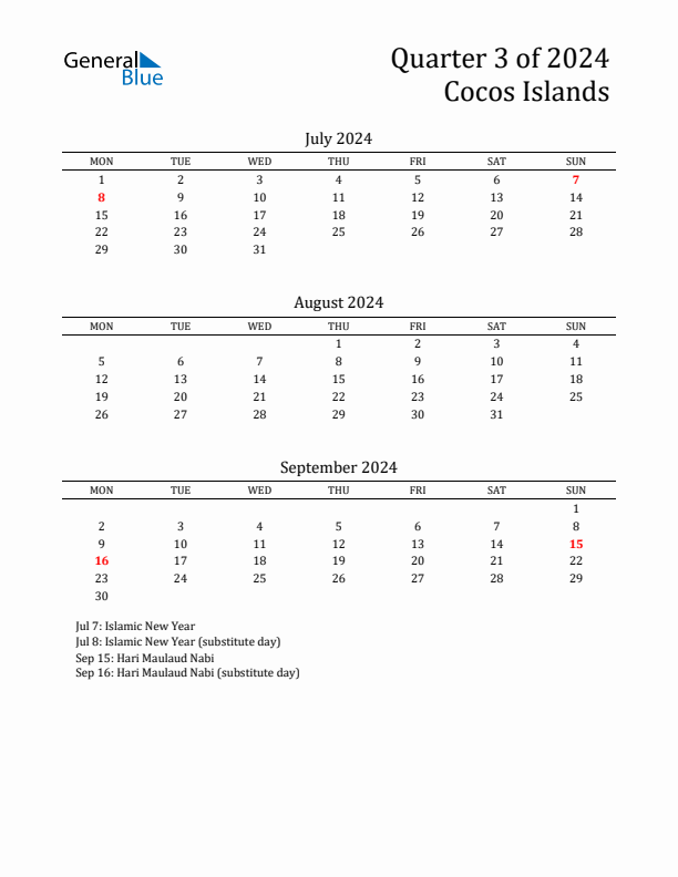 Quarter 3 2024 Cocos Islands Quarterly Calendar