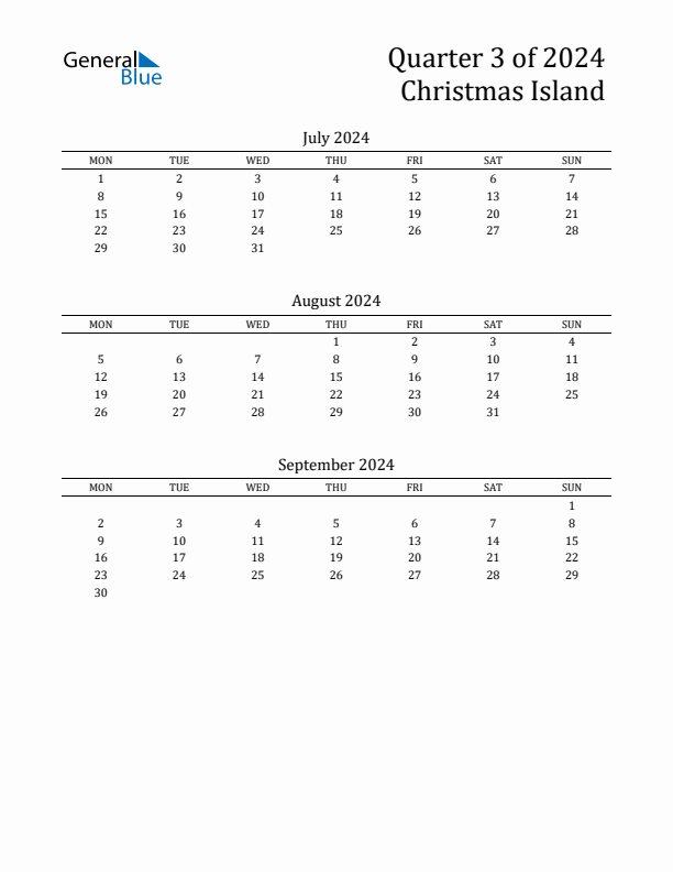 Quarter 3 2024 Christmas Island Quarterly Calendar