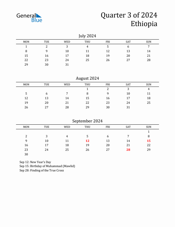 Quarter 3 2024 Ethiopia Quarterly Calendar