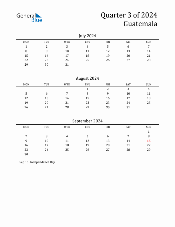 Quarter 3 2024 Guatemala Quarterly Calendar