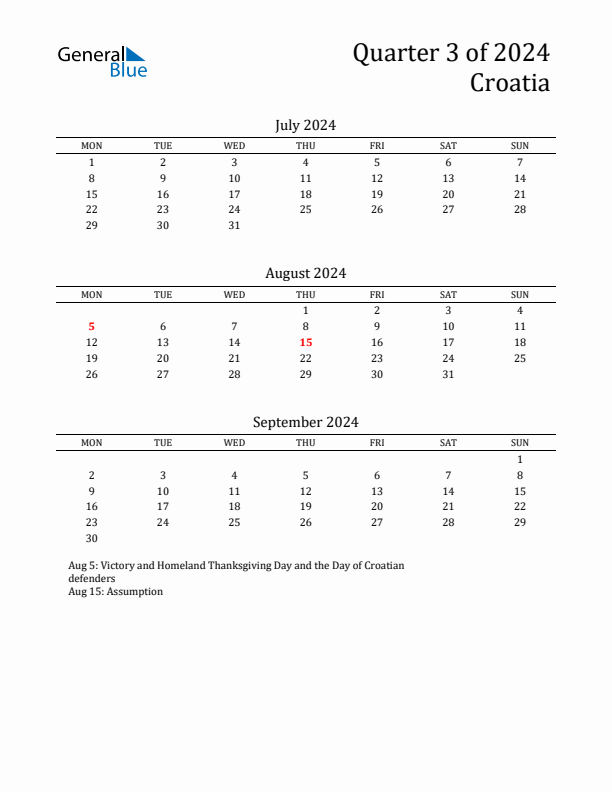 Quarter 3 2024 Croatia Quarterly Calendar