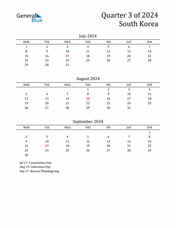 Quarter 3 2024 South Korea Quarterly Calendar