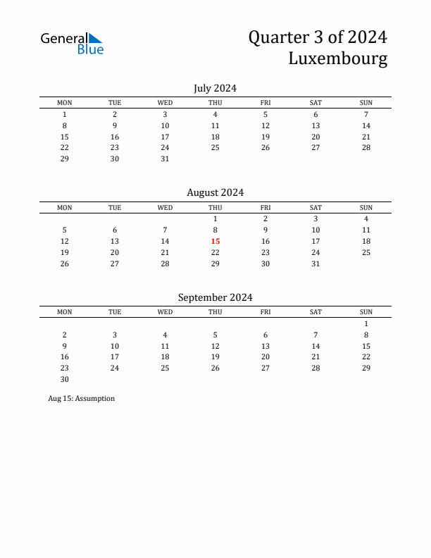 Quarter 3 2024 Luxembourg Quarterly Calendar