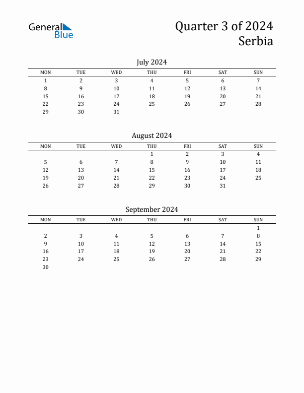 Quarter 3 2024 Serbia Quarterly Calendar