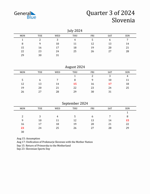 Quarter 3 2024 Slovenia Quarterly Calendar