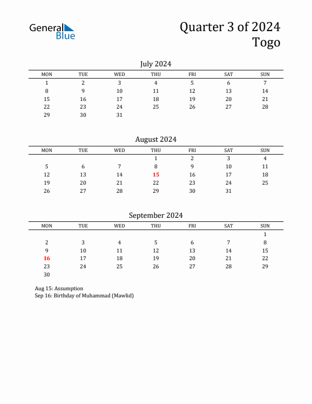 Quarter 3 2024 Togo Quarterly Calendar