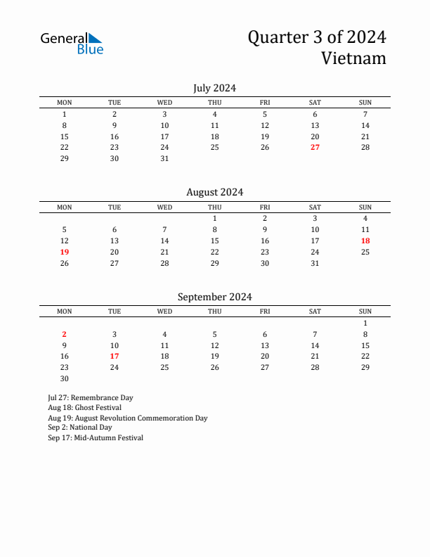 Quarter 3 2024 Vietnam Quarterly Calendar