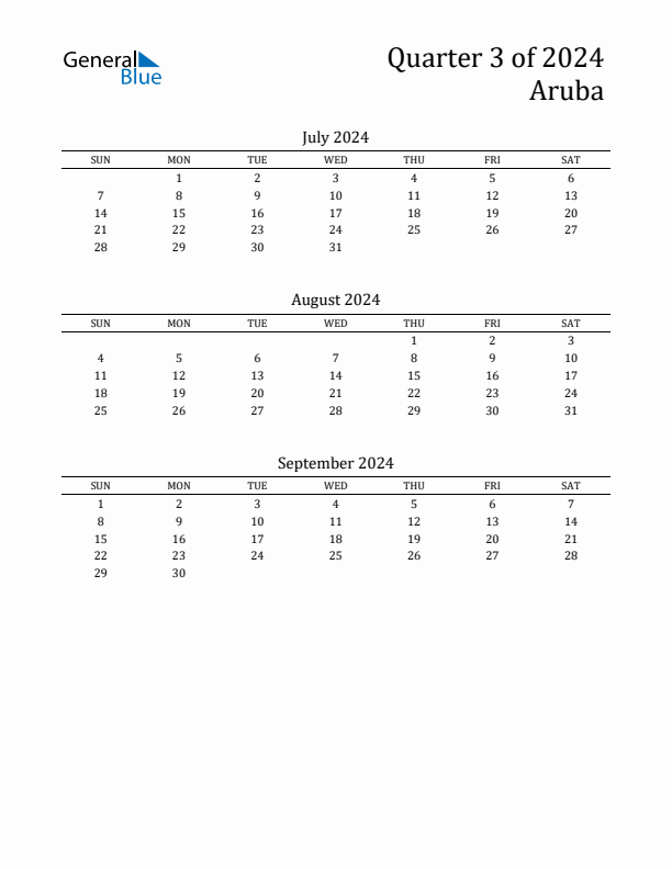 Quarter 3 2024 Aruba Quarterly Calendar