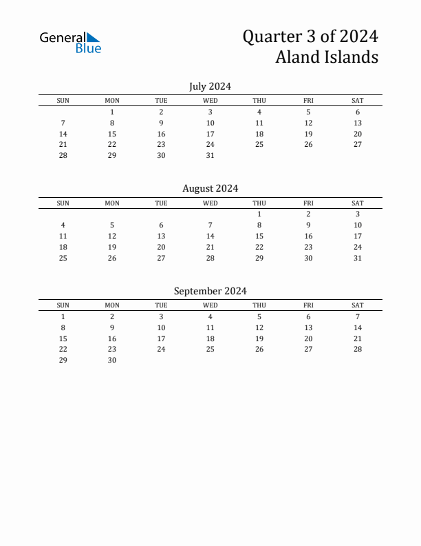 Quarter 3 2024 Aland Islands Quarterly Calendar