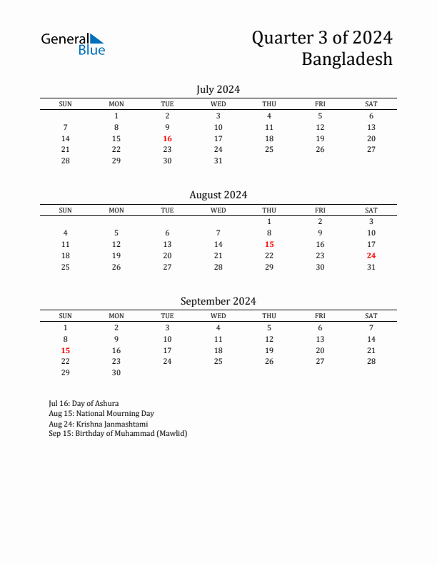 Quarter 3 2024 Bangladesh Quarterly Calendar