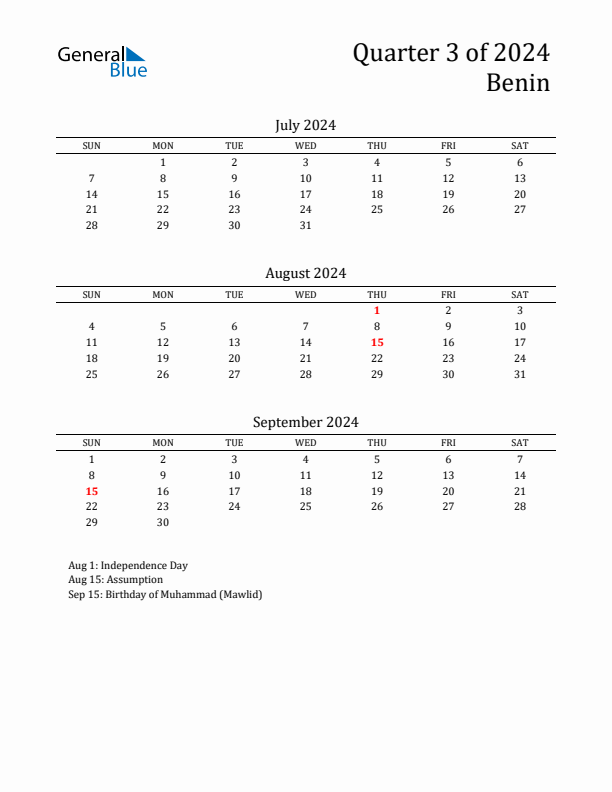 Quarter 3 2024 Benin Quarterly Calendar