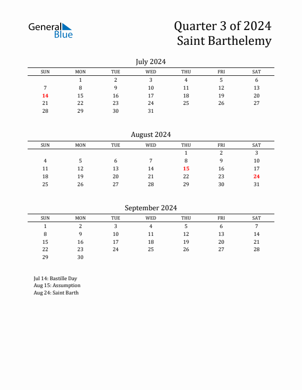 Quarter 3 2024 Saint Barthelemy Quarterly Calendar