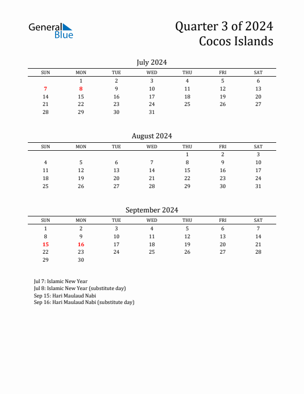 Quarter 3 2024 Cocos Islands Quarterly Calendar