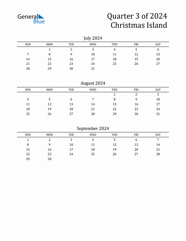 Quarter 3 2024 Christmas Island Quarterly Calendar