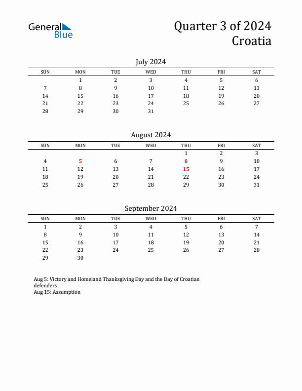 Quarter 3 2024 Croatia Quarterly Calendar