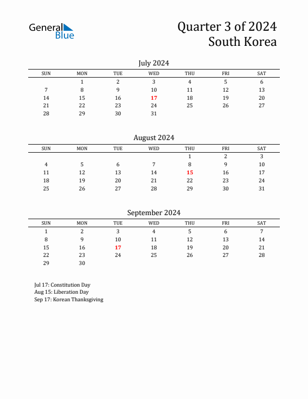 Quarter 3 2024 South Korea Quarterly Calendar