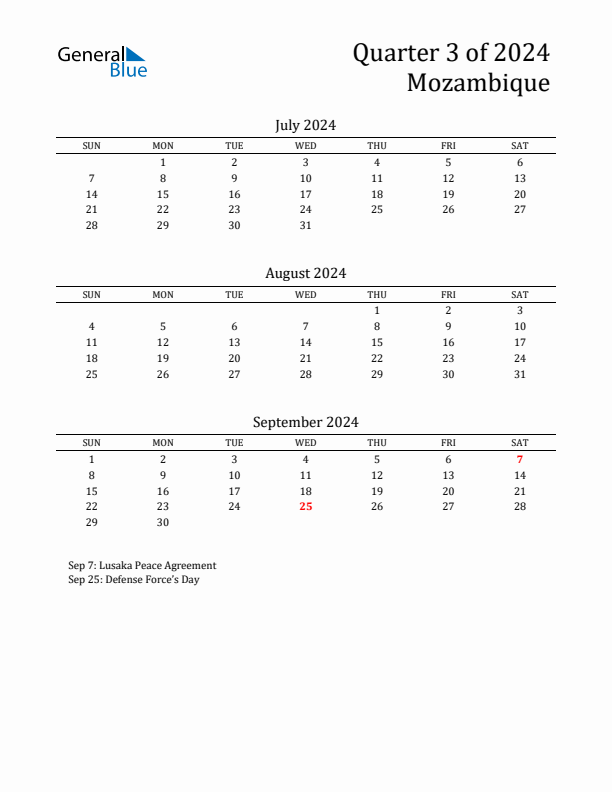 Quarter 3 2024 Mozambique Quarterly Calendar