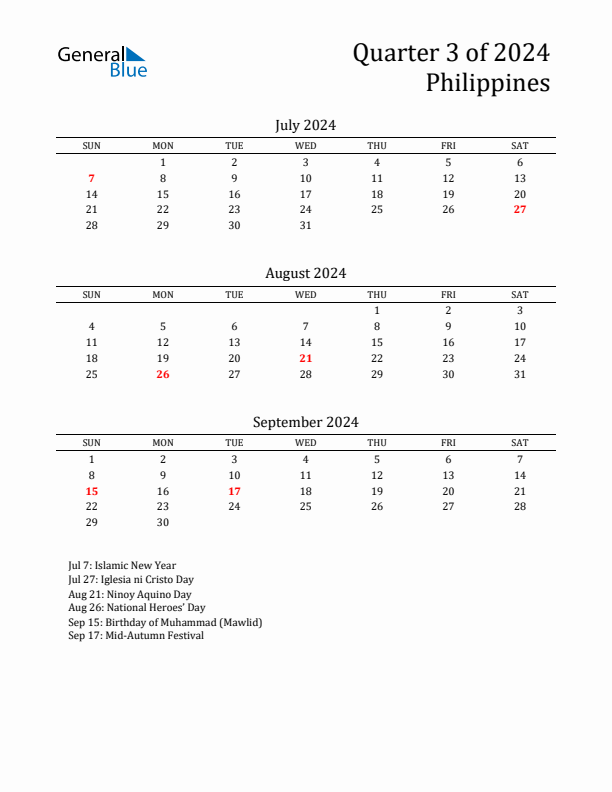 Quarter 3 2024 Philippines Quarterly Calendar