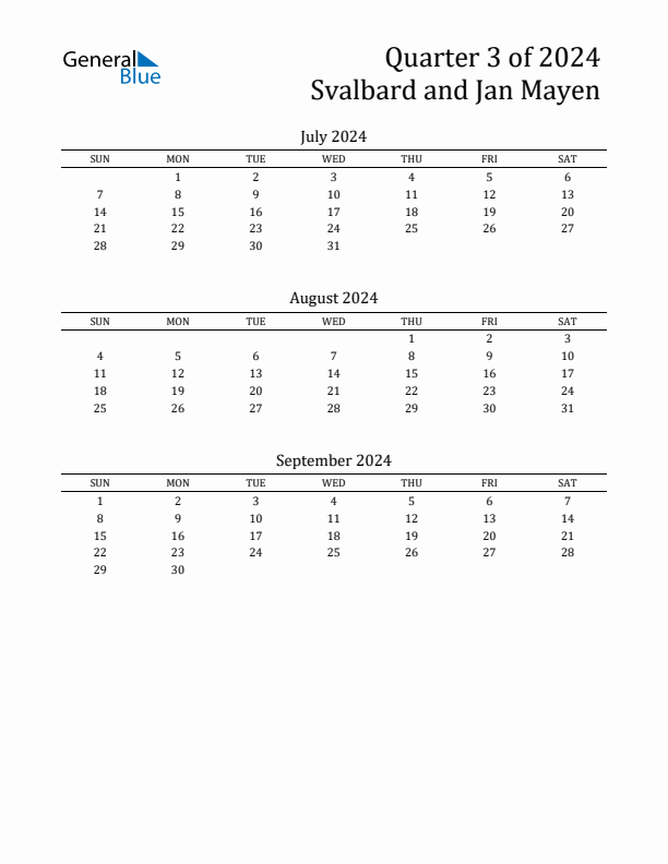 Quarter 3 2024 Svalbard and Jan Mayen Quarterly Calendar