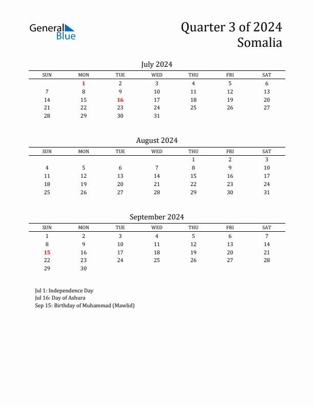 Quarter 3 2024 Somalia Quarterly Calendar