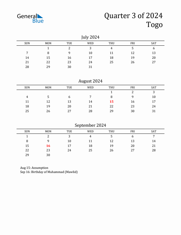 Quarter 3 2024 Togo Quarterly Calendar