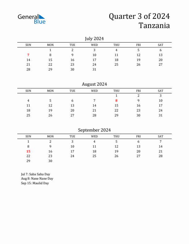 Quarter 3 2024 Tanzania Quarterly Calendar