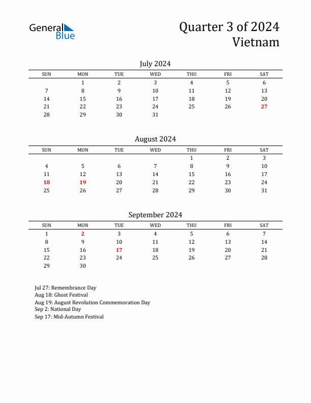 Quarter 3 2024 Vietnam Quarterly Calendar