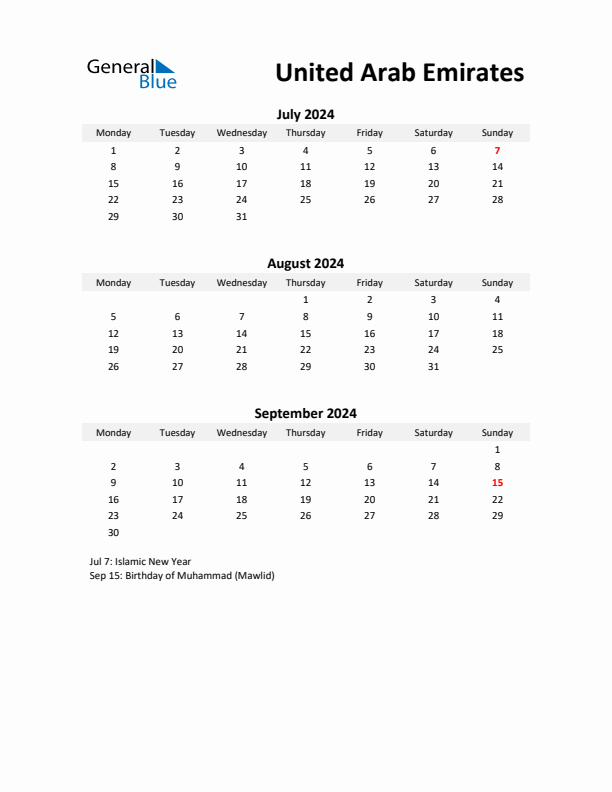 Printable Quarterly Calendar with Notes and United Arab Emirates Holidays- Q3 of 2024