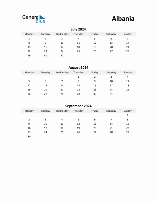 Printable Quarterly Calendar with Notes and Albania Holidays- Q3 of 2024