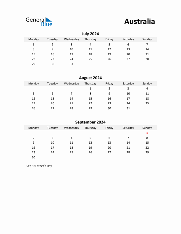 Printable Quarterly Calendar with Notes and Australia Holidays- Q3 of 2024