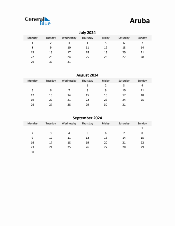 Printable Quarterly Calendar with Notes and Aruba Holidays- Q3 of 2024