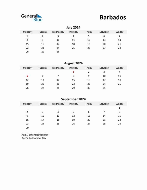 Printable Quarterly Calendar with Notes and Barbados Holidays- Q3 of 2024