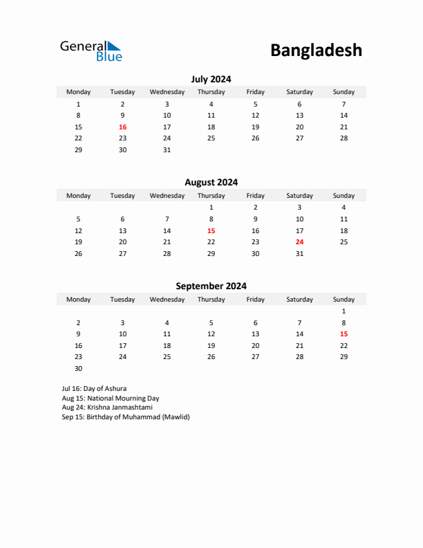 Printable Quarterly Calendar with Notes and Bangladesh Holidays- Q3 of 2024