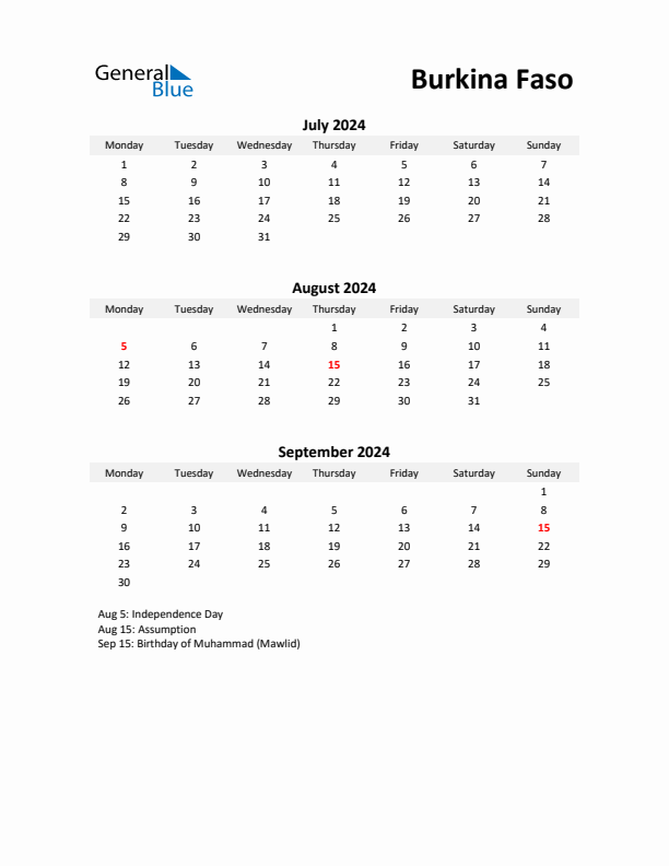 Printable Quarterly Calendar with Notes and Burkina Faso Holidays- Q3 of 2024