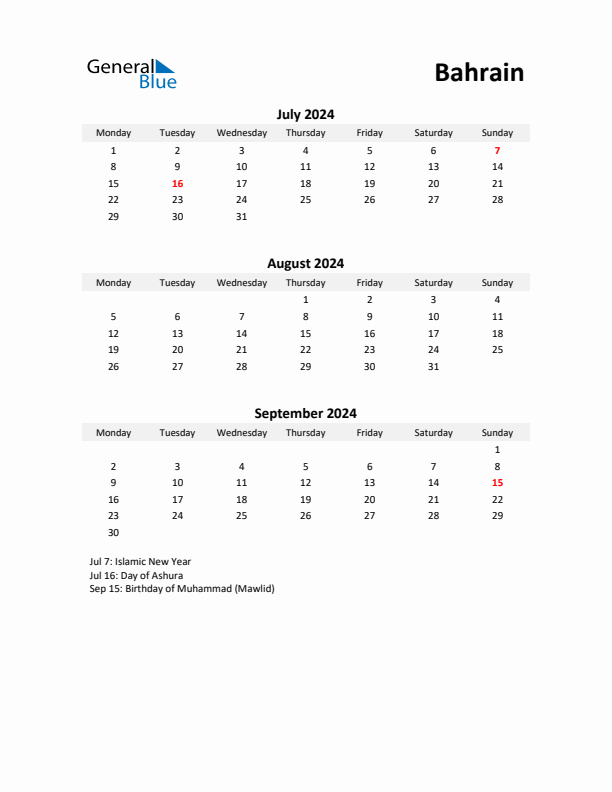 Printable Quarterly Calendar with Notes and Bahrain Holidays- Q3 of 2024