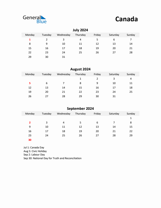 Printable Quarterly Calendar with Notes and Canada Holidays- Q3 of 2024