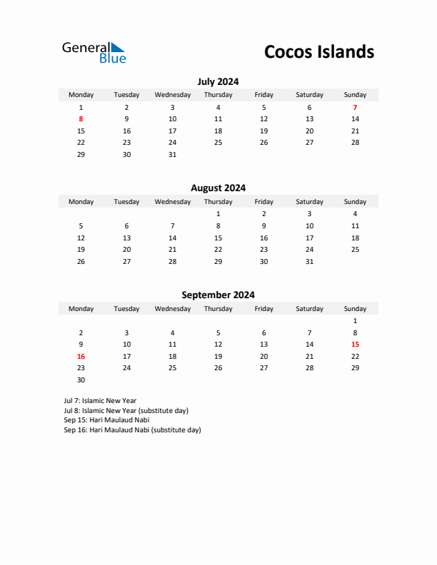 Printable Quarterly Calendar with Notes and Cocos Islands Holidays- Q3 of 2024