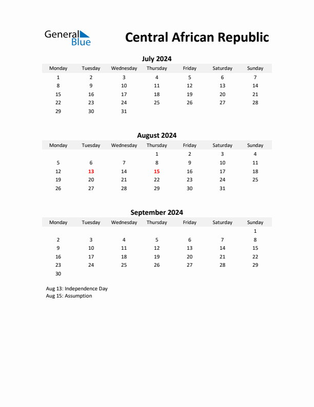 Printable Quarterly Calendar with Notes and Central African Republic Holidays- Q3 of 2024