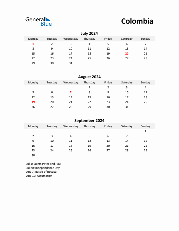 Printable Quarterly Calendar with Notes and Colombia Holidays- Q3 of 2024