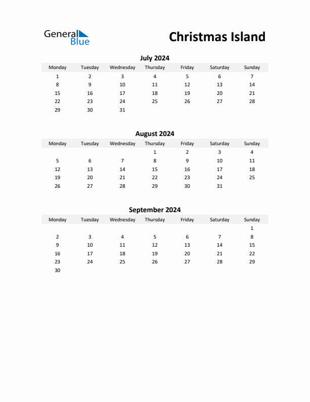 Printable Quarterly Calendar with Notes and Christmas Island Holidays- Q3 of 2024