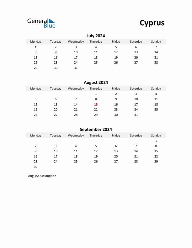 Printable Quarterly Calendar with Notes and Cyprus Holidays- Q3 of 2024