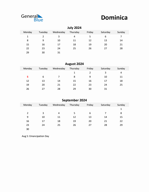 Printable Quarterly Calendar with Notes and Dominica Holidays- Q3 of 2024