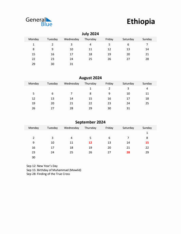 Printable Quarterly Calendar with Notes and Ethiopia Holidays- Q3 of 2024