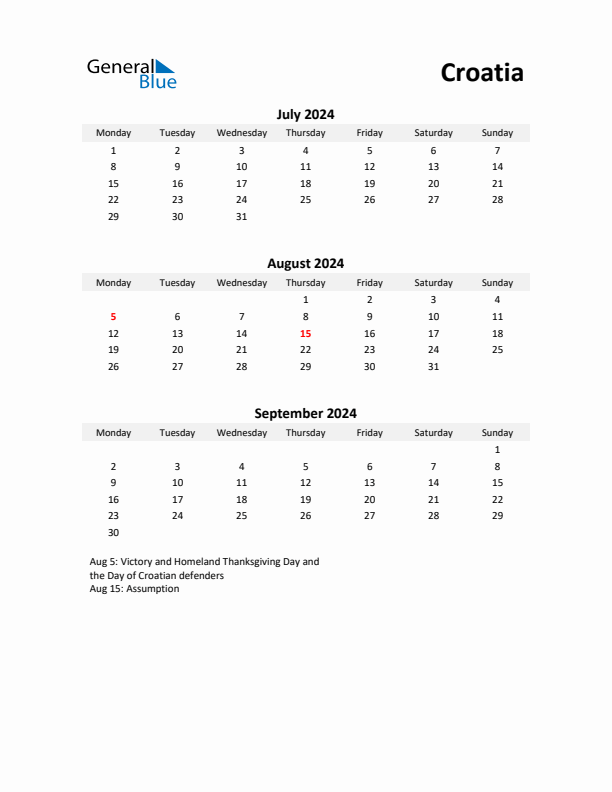 Printable Quarterly Calendar with Notes and Croatia Holidays- Q3 of 2024