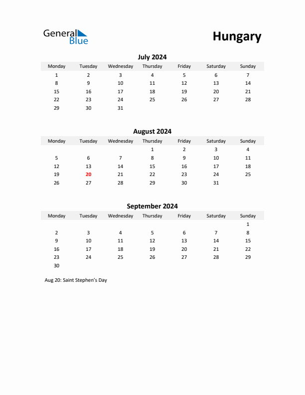 Printable Quarterly Calendar with Notes and Hungary Holidays- Q3 of 2024